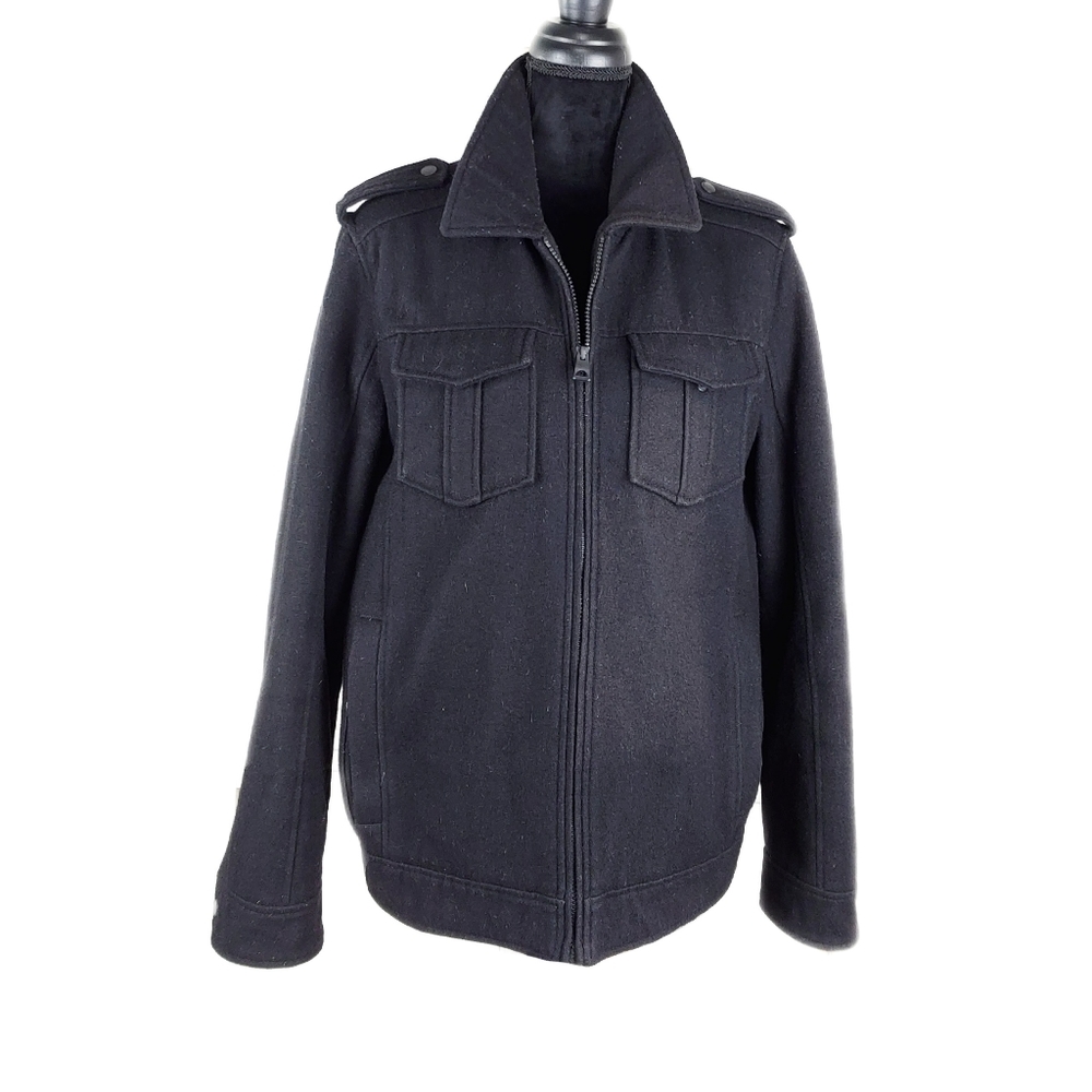 GUESS Mens M Black Wool Mix Thick Quilted Insulated Lining Zip Jacket - Picture 2 of 10
